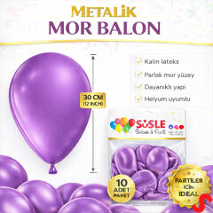 Metalik Parlak Balon, 30 cm x 10 Adet - Mor