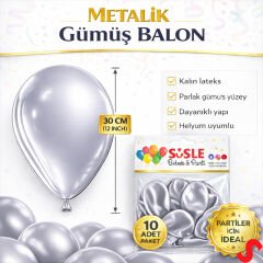Metalik Parlak Balon, 30 cm x 10 Adet - Gümüş