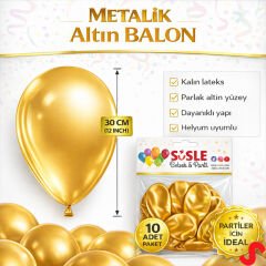 Metalik Parlak Balon, 30 cm x 10 Adet - Altın