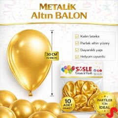 Metalik Parlak Balon, 30 cm x 10 Adet - Altın