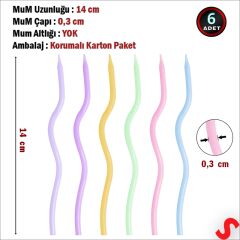 Makaron Renkli Spiral İnce Pasta Mumu 14 cm  - 6 Adet