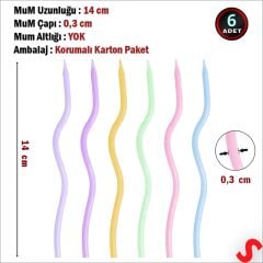 Makaron Renkli Spiral İnce Pasta Mumu 14 cm  - 6 Adet
