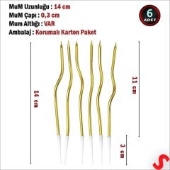 Altın Metalik Krom Renkli Spiral Pasta Mumu 14 cm - 6 Adet
