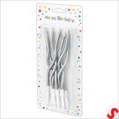 Gümüş Metalik Krom Renkli Spiral Pasta Mumu 14 cm - 6 Adet