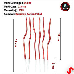 Kırmızı Metalik Krom Renkli Spiral Pasta Mumu 14 cm - 6 Adet