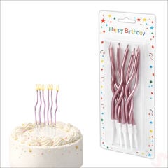Pembe Metalik Krom Renkli Spiral Pasta Mumu 14 cm - 6 Adet