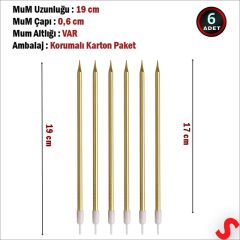 Metalik Altın İnce Uzun Pasta Mumu 19 cm - 6 Adet