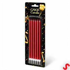 Metalik Kırmızı İnce Uzun Pasta Mumu 19 cm - 6 Adet