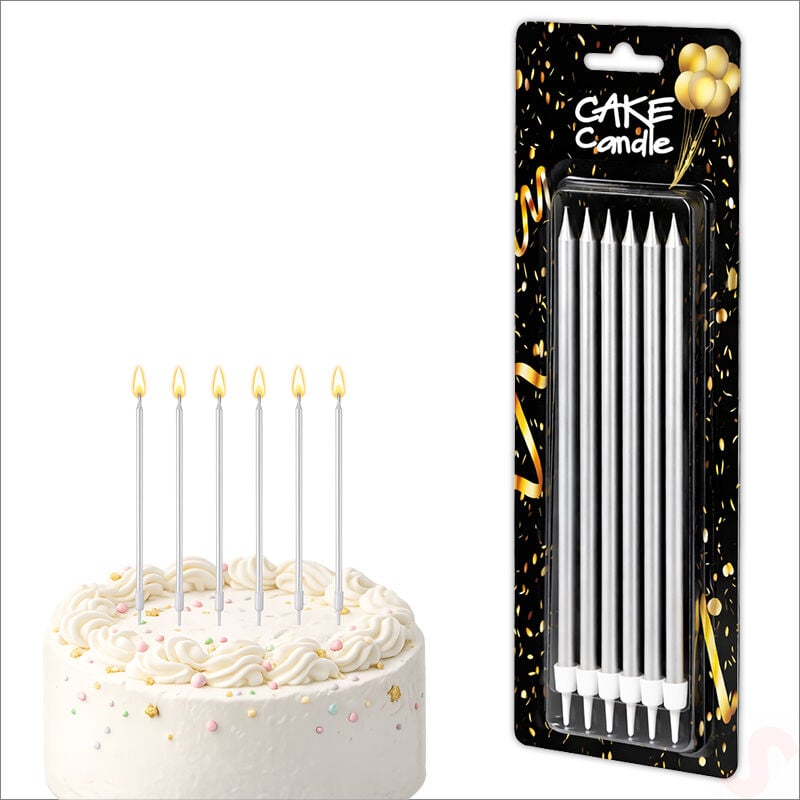 Metalik Gümüş İnce Uzun Pasta Mumu 19 cm - 6 Adet
