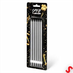 Metalik Gümüş İnce Uzun Pasta Mumu 19 cm - 6 Adet