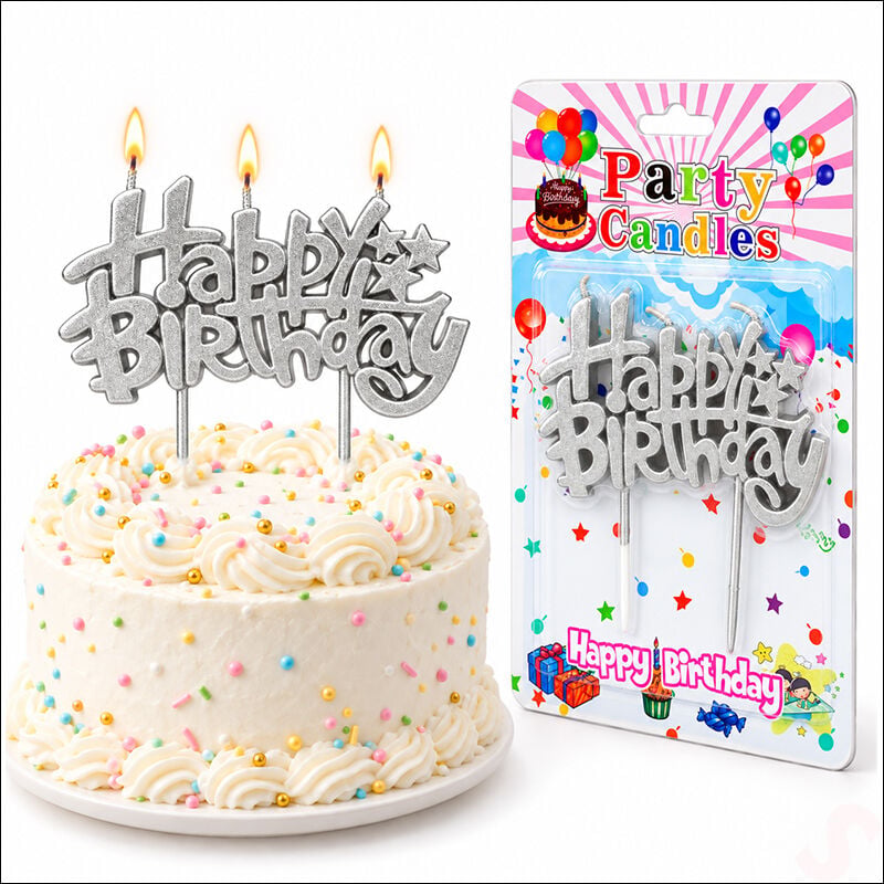 Happy Birthday Doğum Günü Pasta Mumu, 11 cm - Gümüş