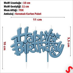 Happy Birthday Doğum Günü Pasta Mumu, 11 cm - Çelik Mavisi