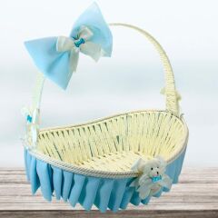 Saplı Oval Kumaş Süslü Sepet, 41 cm, Büyük Boy Mavi