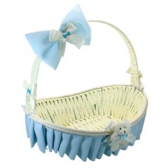 Saplı Oval Kumaş Süslü Sepet, 41 cm, Büyük Boy Mavi