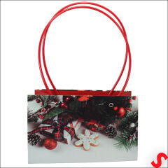 Yılbaşı Kozalak Baskılı Karton Hediye Çantası 22×14×11 cm