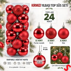 Yılbaşı Ağaç Süsü Top, Parlak Mat Simli Kırmızı, 5cm x 24 Adet