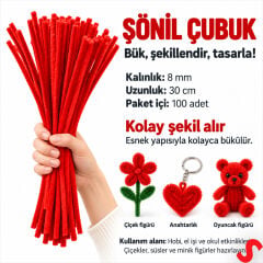 Şönil Çubuk 8 mm Kalınlık 30 cm Uzunluk, 100 adet - Kırmızı