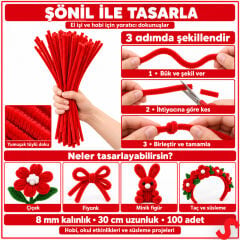 Şönil Çubuk 8 mm Kalınlık 30 cm Uzunluk, 100 adet - Kırmızı