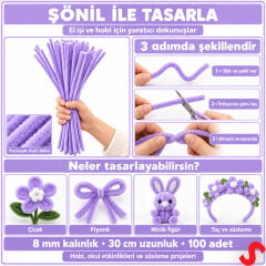 Şönil Çubuk 8 mm Kalınlık 30 cm Uzunluk, 100 adet - Lila