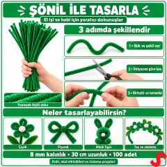 Şönil Çubuk 8 mm Kalınlık 30 cm Uzunluk, 100 adet - Yeşil