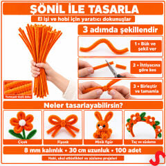 Şönil Çubuk 8 mm Kalınlık 30 cm Uzunluk, 100 adet - Turuncu