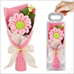 PVC Kutulu Şönil Papatya Çiçek Buketi - 24 cm Pembe