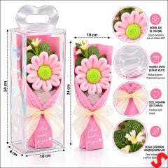PVC Kutulu Şönil Papatya Çiçek Buketi - 24 cm Pembe