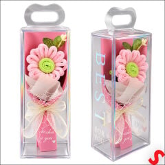PVC Kutulu Şönil Papatya Çiçek Buketi - 24 cm Pembe