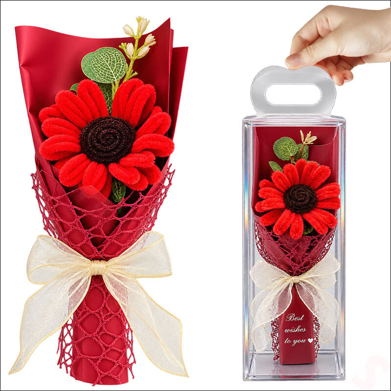PVC Kutulu Şönil Papatya Çiçek Buketi - 24 cm Kırmızı