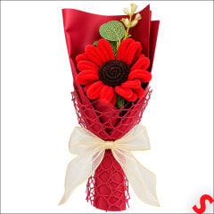 PVC Kutulu Şönil Papatya Çiçek Buketi - 24 cm Kırmızı