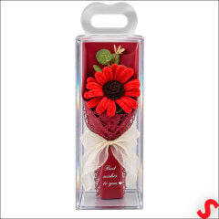 PVC Kutulu Şönil Papatya Çiçek Buketi - 24 cm Kırmızı