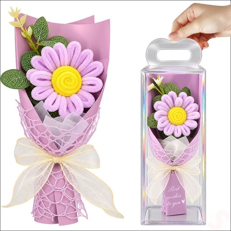 PVC Kutulu Şönil Papatya Çiçek Buketi - 24 cm Lila