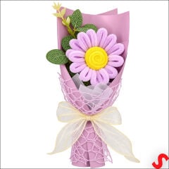 PVC Kutulu Şönil Papatya Çiçek Buketi - 24 cm Lila