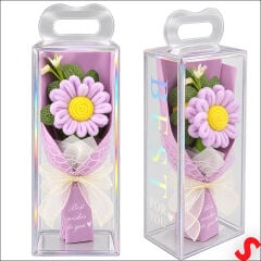 PVC Kutulu Şönil Papatya Çiçek Buketi - 24 cm Lila