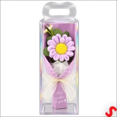 PVC Kutulu Şönil Papatya Çiçek Buketi - 24 cm Lila