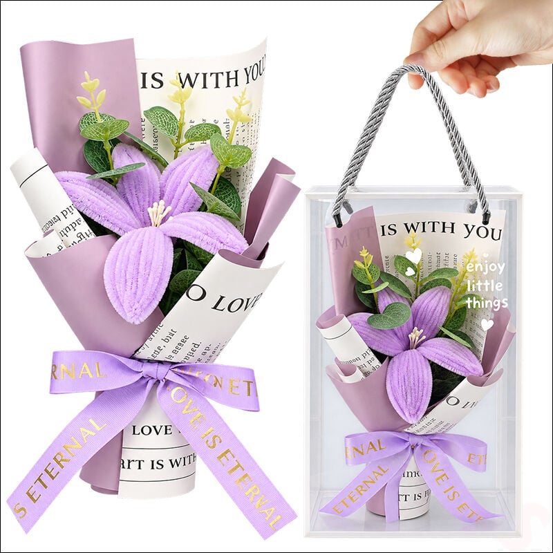PVC Kutulu Şönil Zambak Çiçek Buketi - 28 cm Lila