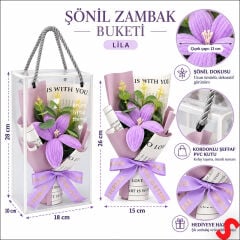 PVC Kutulu Şönil Zambak Çiçek Buketi - 28 cm Lila