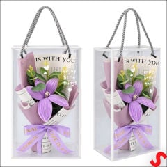 PVC Kutulu Şönil Zambak Çiçek Buketi - 28 cm Lila