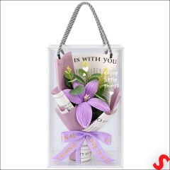 PVC Kutulu Şönil Zambak Çiçek Buketi - 28 cm Lila