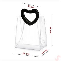 Siyah Deri Kalp Saplı Şeffaf PVC Çanta, 28x25x14cm - 1 Adet