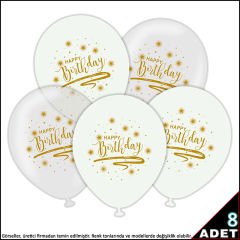 Happy Birthday Baskılı Beyaz ve Şeffaf, 30cm Balon - 8 Adet