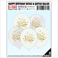 Happy Birthday Baskılı Beyaz ve Şeffaf, 30cm Balon - 8 Adet