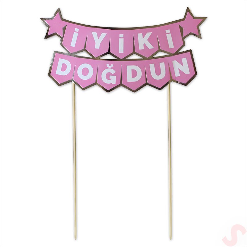 İyi Ki Doğdun Banner Pasta SüSü, Pembe Gümüş - 22cm x 18cm