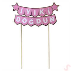 İyi Ki Doğdun Banner Pasta SüSü, Pembe Gümüş - 22cm x 18cm