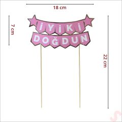 İyi Ki Doğdun Banner Pasta SüSü, Pembe Gümüş - 22cm x 18cm