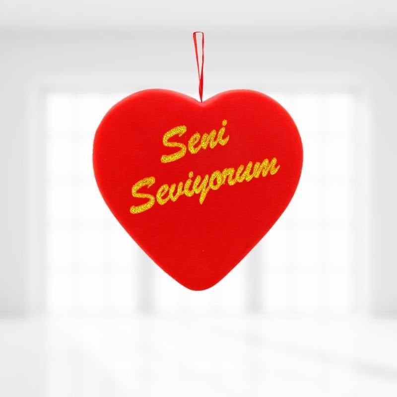 Kalp Sarkıt Asma Süs, Seni Seviyorum Baskılı - 25 cm x 25 cm