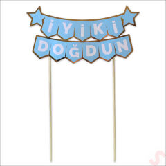 İyi Ki Doğdun Banner Pasta SüSü, Mavi Altın - 22cm x 18cm