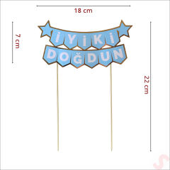 İyi Ki Doğdun Banner Pasta SüSü, Mavi Altın - 22cm x 18cm