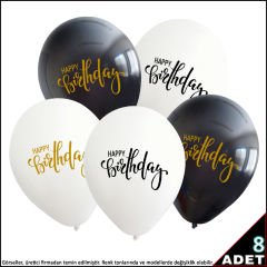 Happy Birthday Baskılı Beyaz ve Siyah, 30cm Balon - 8 Adet