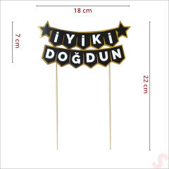 İyi Ki Doğdun Banner Pasta SüSü, Siyah Altın - 22cm x 18cm